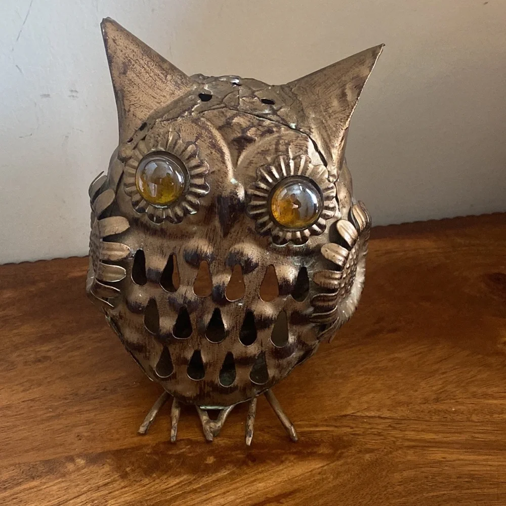 Vintage Pier 1 Rustic Gold Bronze Owl Tealight Candle Holder 7”